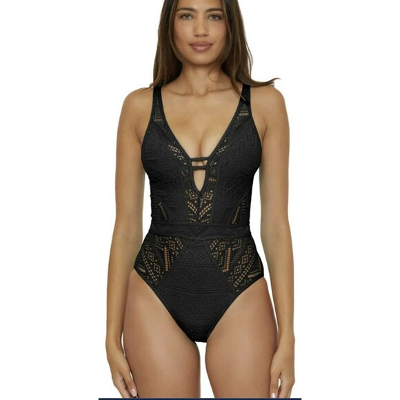 Becca XL $128 Black Crochet One-Piece Swimsuit Bathing Suit NWT